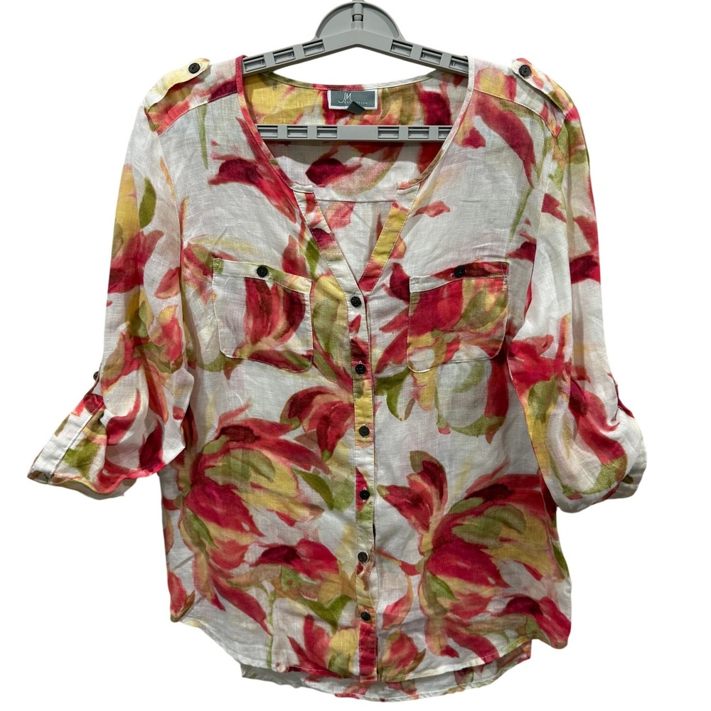 JM Collection Womens 100% Linen Floral Roll-Tab Sleeve Button Up Blouse Size 8